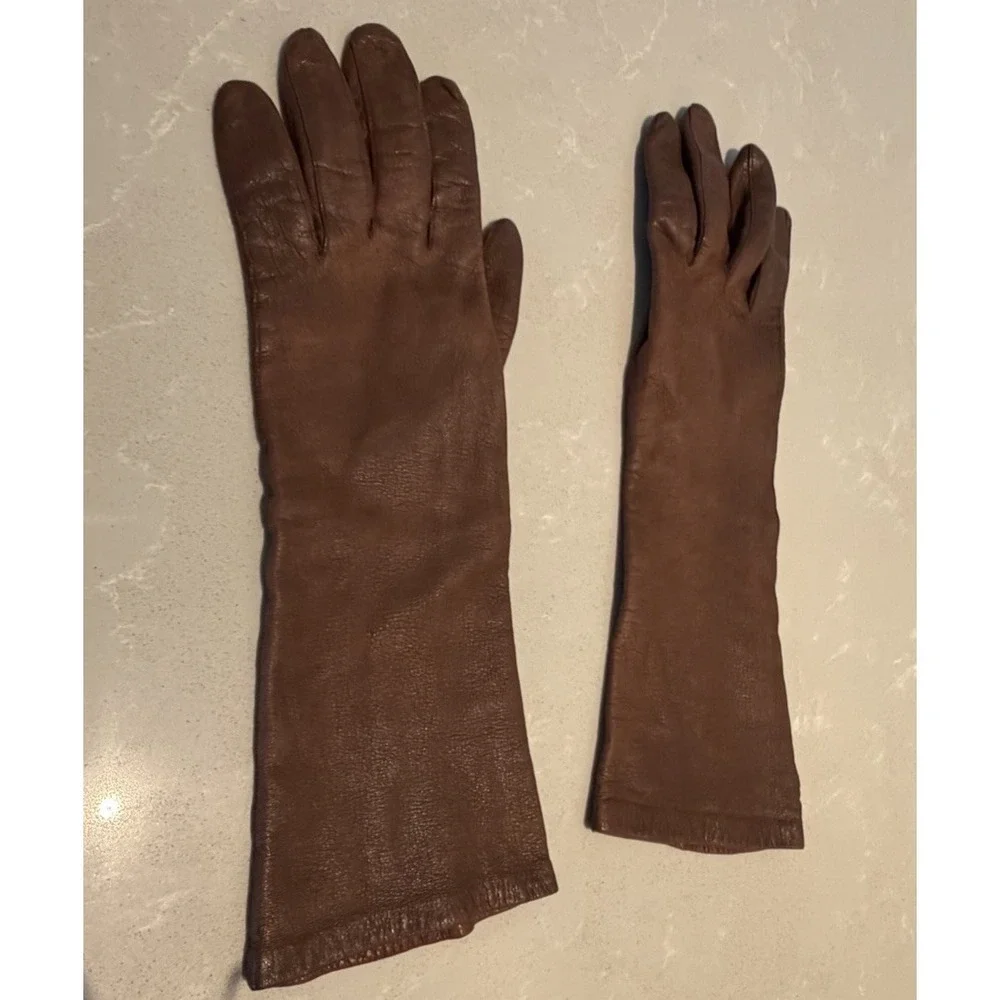 Vintage Brown Leather Opera Gloves Women's Silk Lined Long Dress Evening M